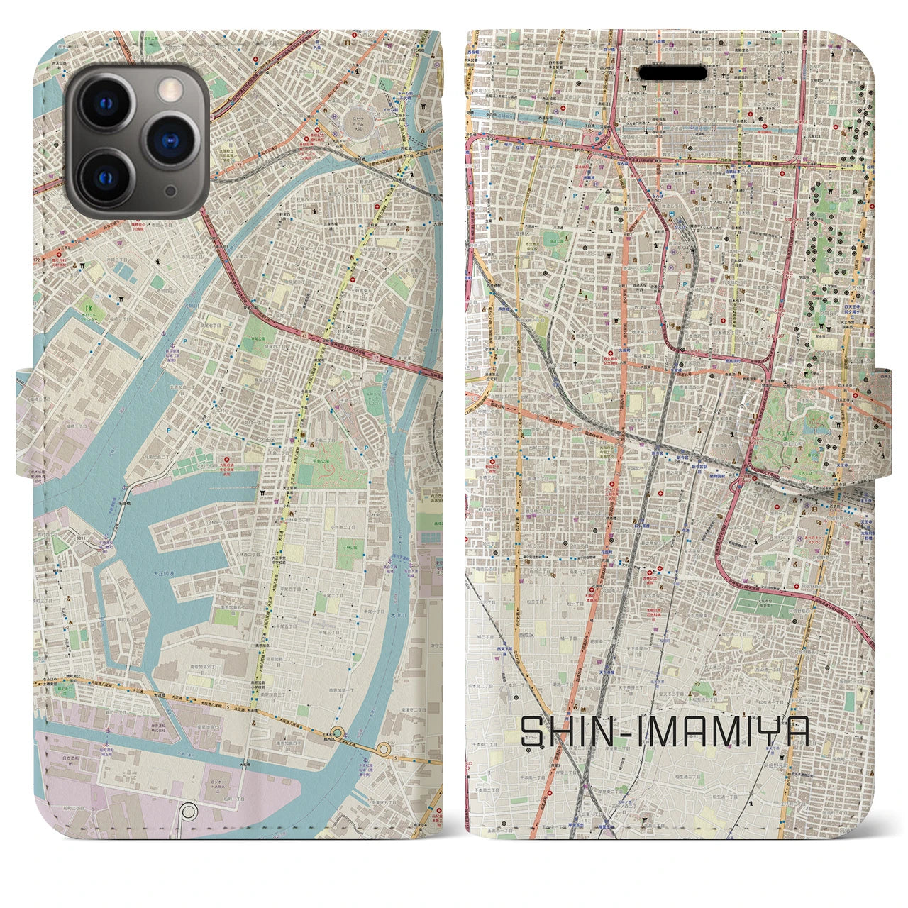 【新今宮】地図柄iPhoneケース（手帳両面タイプ・ナチュラル）iPhone 11 Pro Max 用
