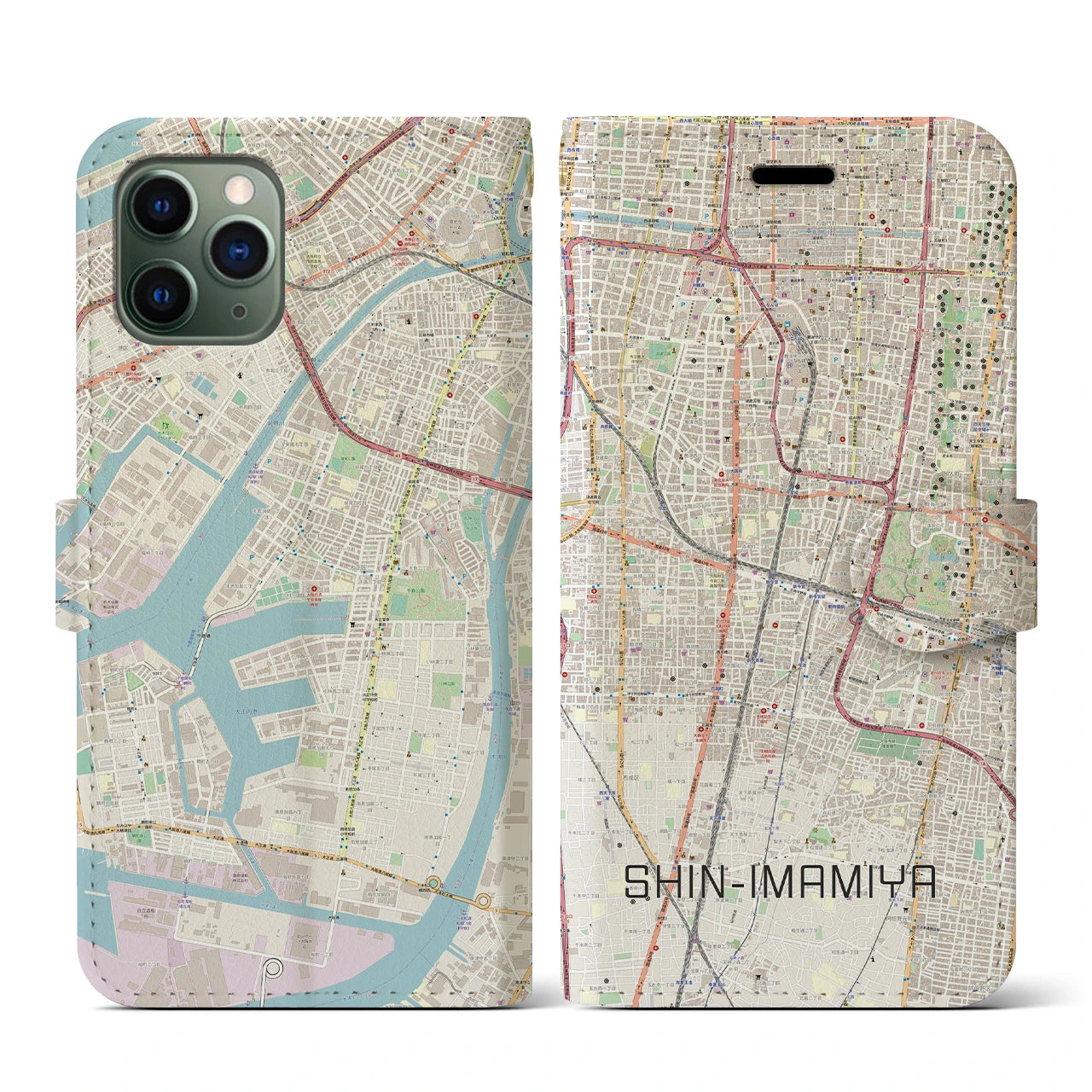 【新今宮】地図柄iPhoneケース（手帳両面タイプ・ナチュラル）iPhone 11 Pro 用