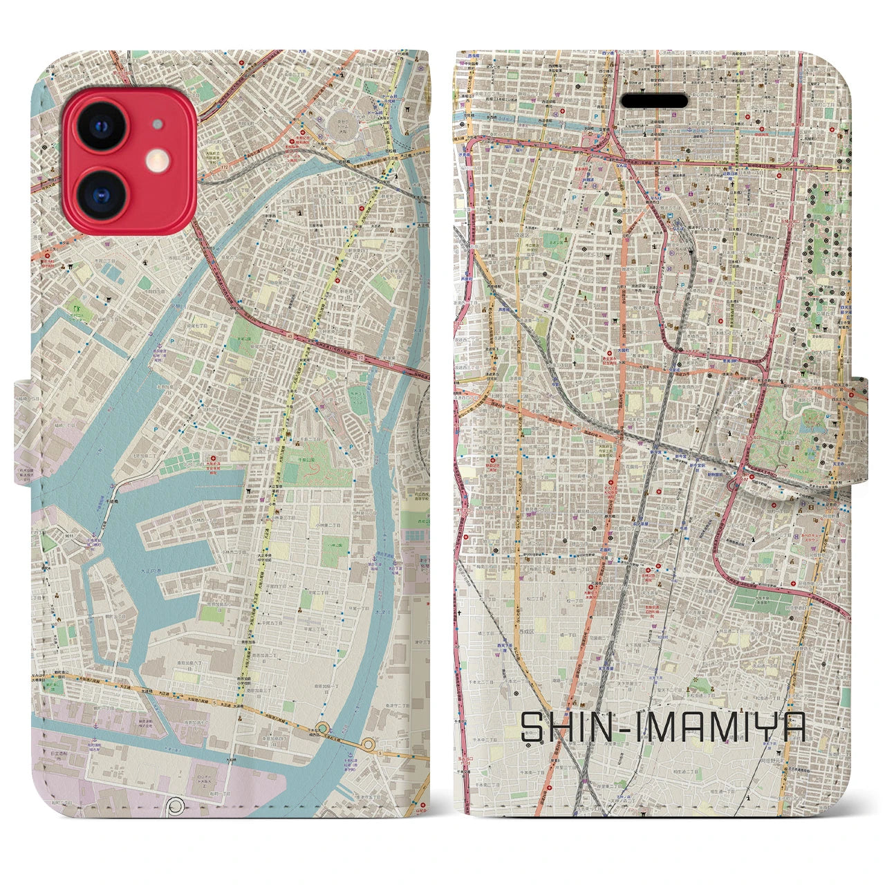 【新今宮】地図柄iPhoneケース（手帳両面タイプ・ナチュラル）iPhone 11 用