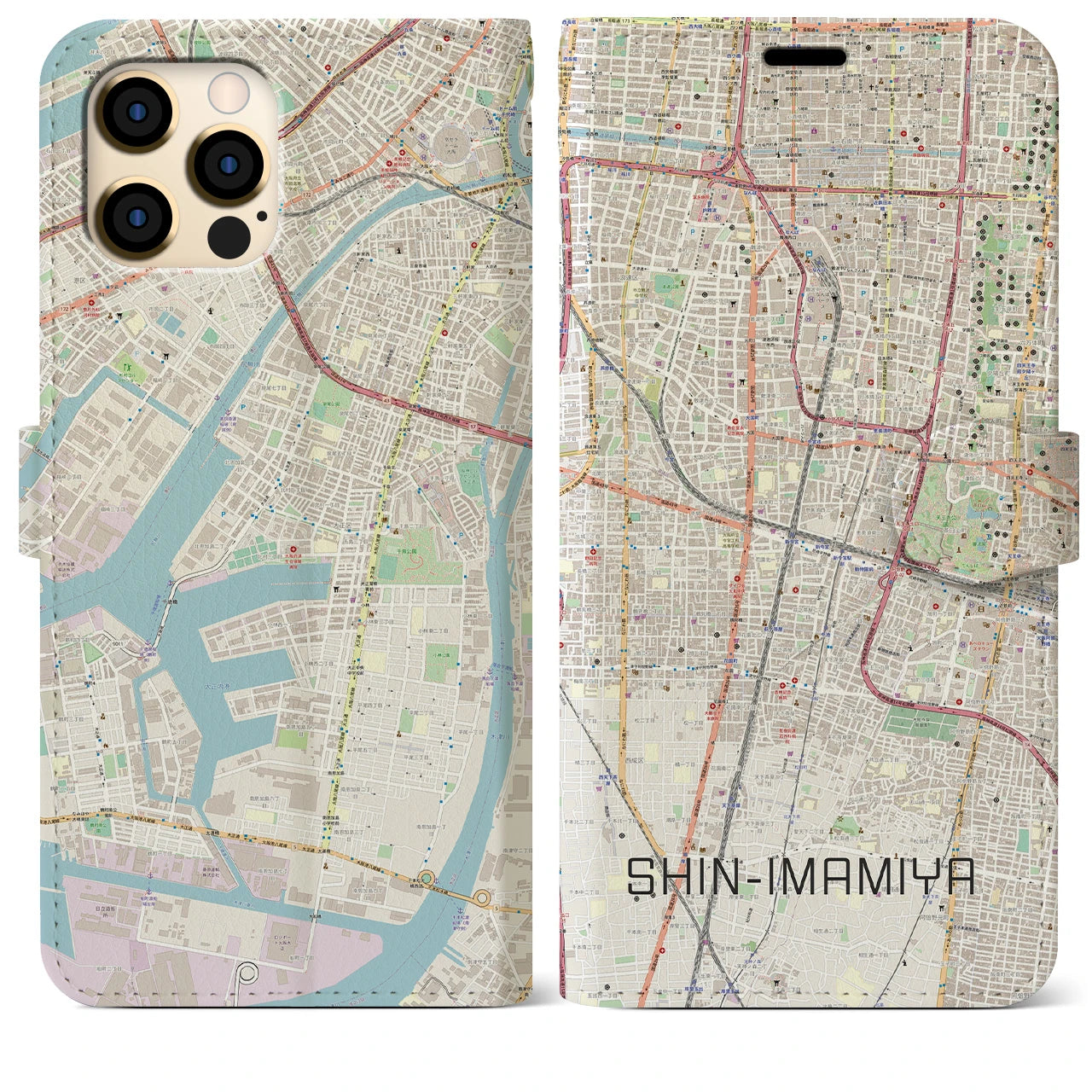 【新今宮】地図柄iPhoneケース（手帳両面タイプ・ナチュラル）iPhone 12 Pro Max 用