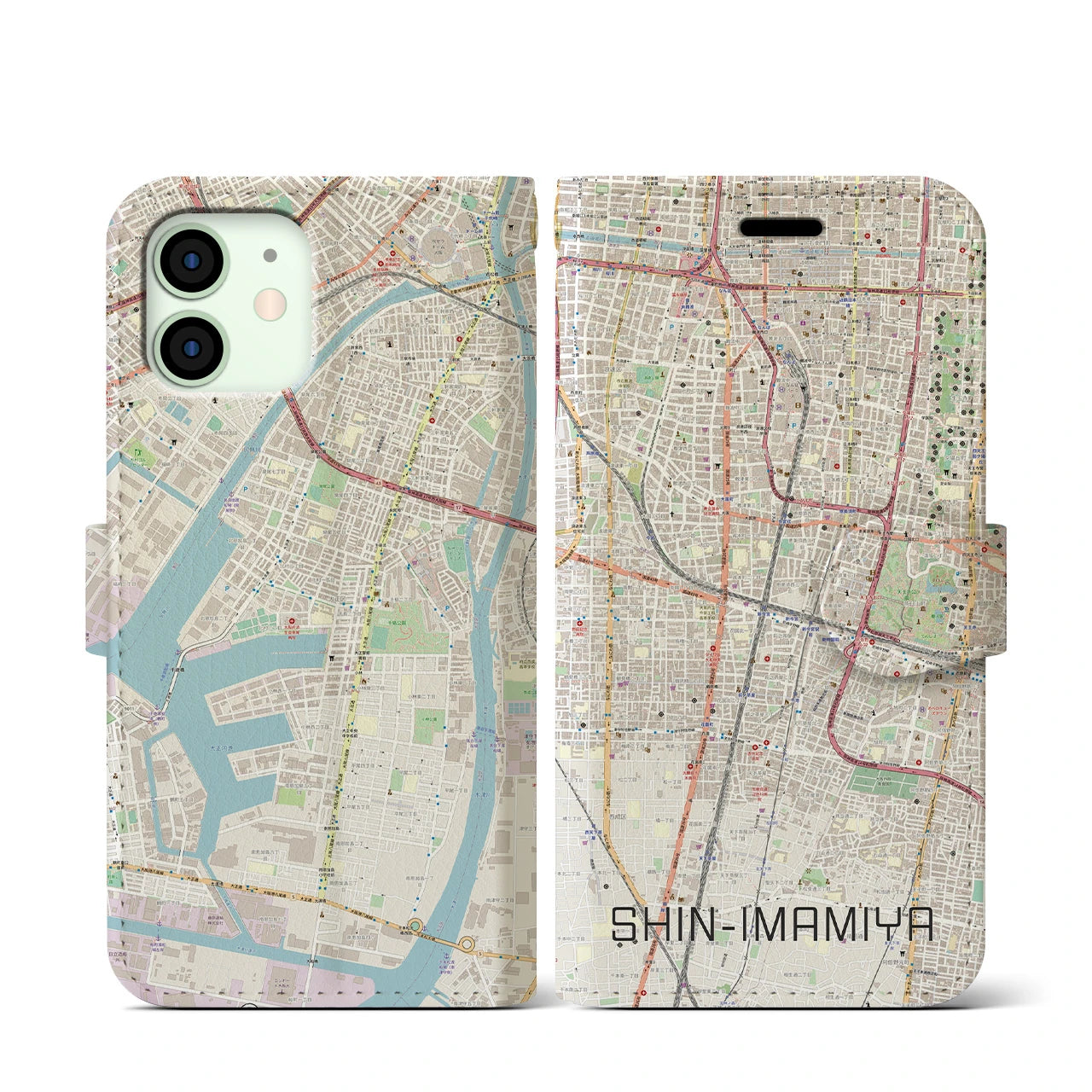 【新今宮】地図柄iPhoneケース（手帳両面タイプ・ナチュラル）iPhone 12 mini 用
