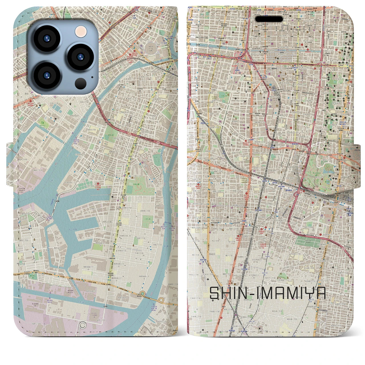 【新今宮】地図柄iPhoneケース（手帳両面タイプ・ナチュラル）iPhone 13 Pro Max 用