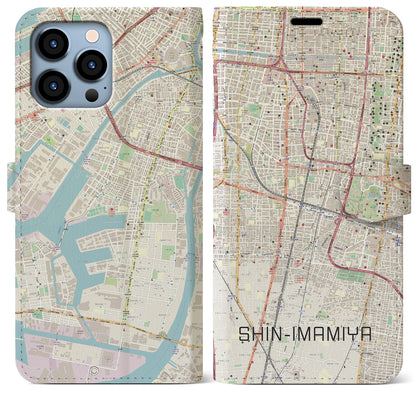 【新今宮（大阪府）】地図柄iPhoneケース（手帳タイプ）ナチュラル・iPhone 13 Pro Max 用
