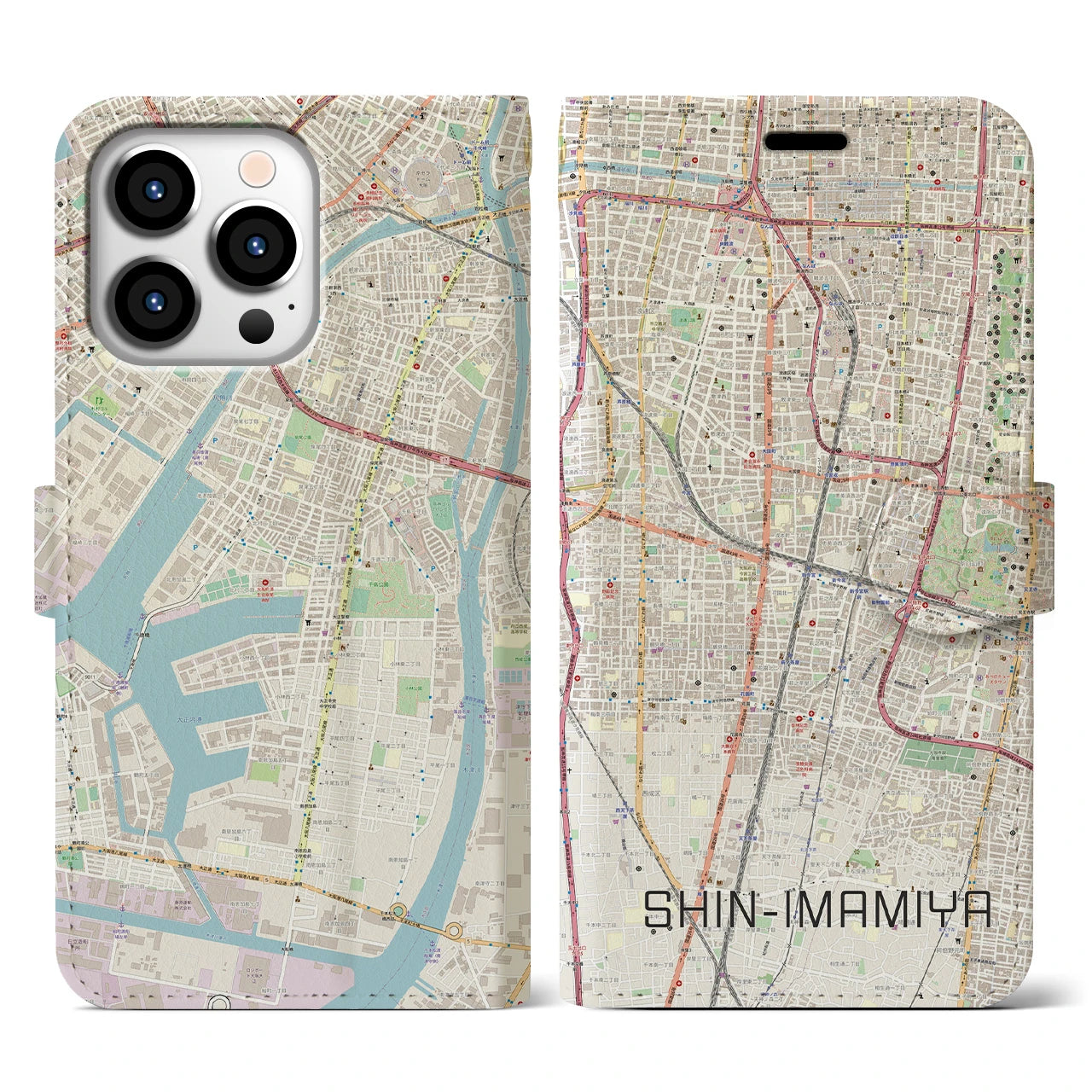 【新今宮】地図柄iPhoneケース（手帳両面タイプ・ナチュラル）iPhone 13 Pro 用