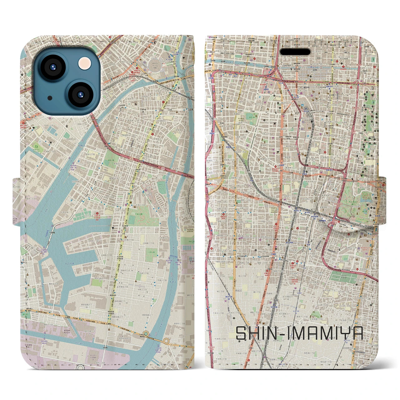 【新今宮】地図柄iPhoneケース（手帳両面タイプ・ナチュラル）iPhone 13 用
