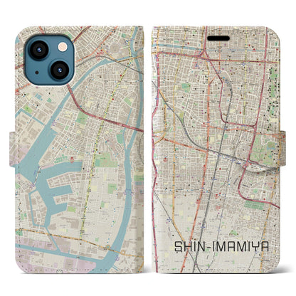 【新今宮（大阪府）】地図柄iPhoneケース（手帳タイプ）ナチュラル・iPhone 13 用
