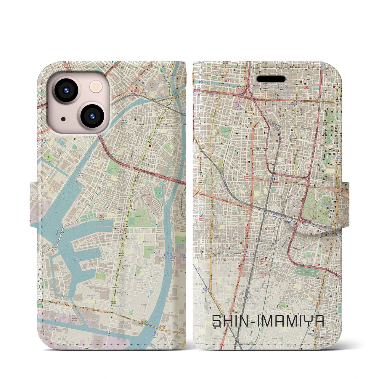 【新今宮】地図柄iPhoneケース（手帳両面タイプ・ナチュラル）iPhone 13 mini 用