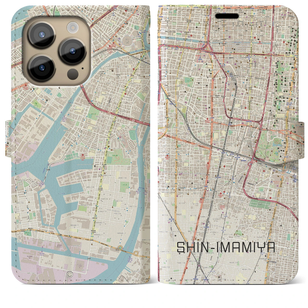 【新今宮】地図柄iPhoneケース（手帳両面タイプ・ナチュラル）iPhone 14 Pro Max 用