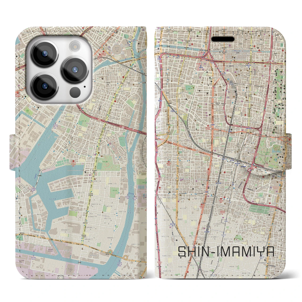 【新今宮】地図柄iPhoneケース（手帳両面タイプ・ナチュラル）iPhone 14 Pro 用