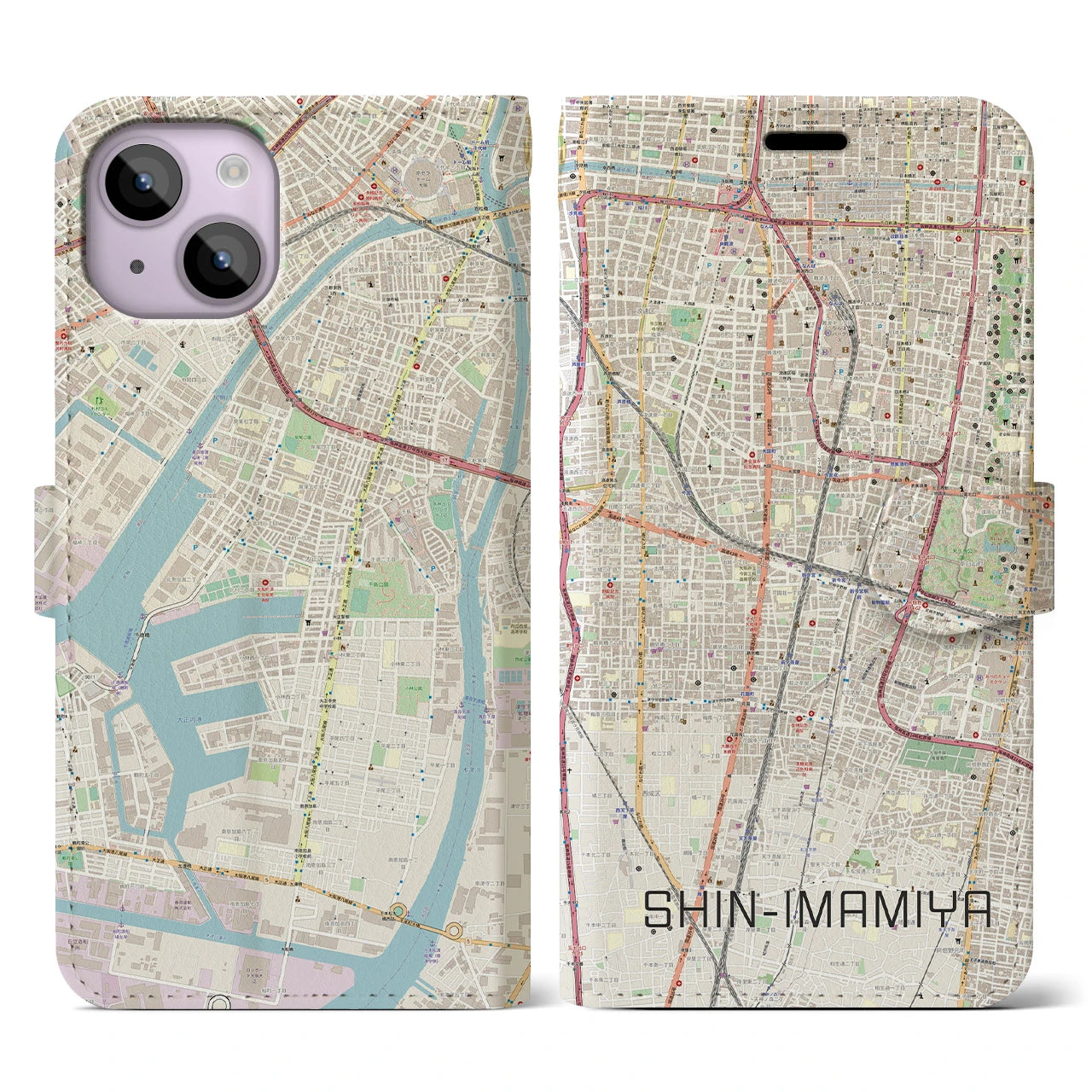 【新今宮】地図柄iPhoneケース（手帳両面タイプ・ナチュラル）iPhone 14 用