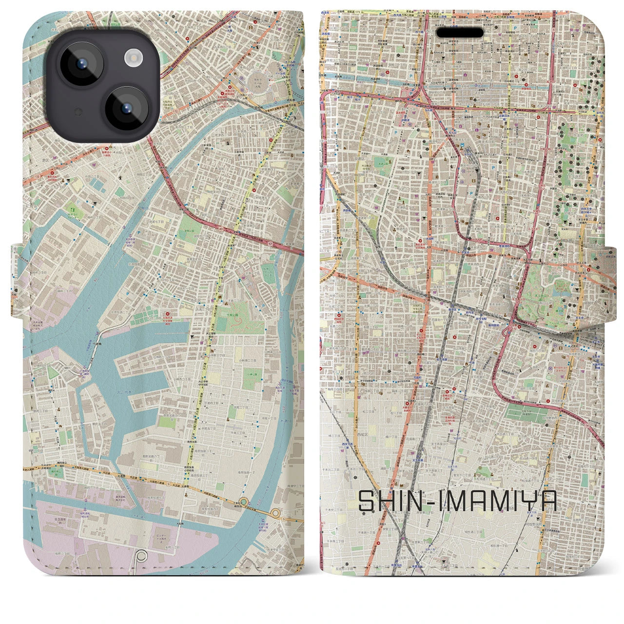 【新今宮】地図柄iPhoneケース（手帳両面タイプ・ナチュラル）iPhone 14 Plus 用