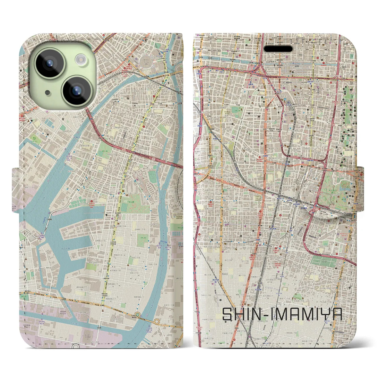 【新今宮】地図柄iPhoneケース（手帳両面タイプ・ナチュラル）iPhone 15 用