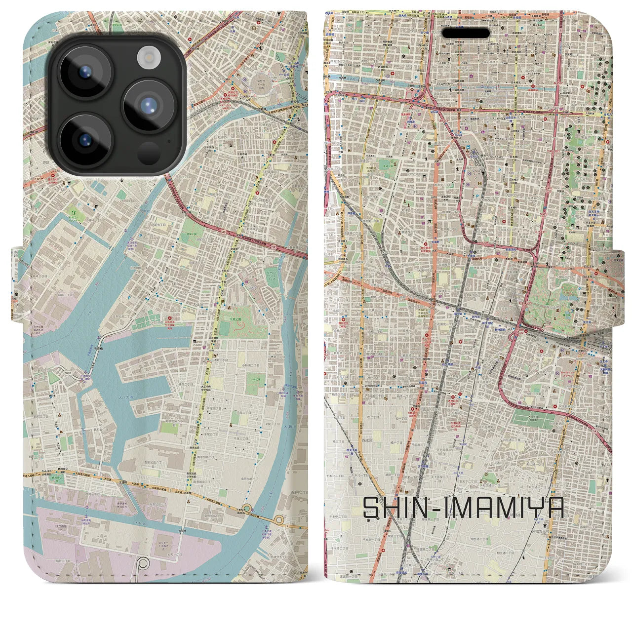 【新今宮】地図柄iPhoneケース（手帳両面タイプ・ナチュラル）iPhone 15 Pro Max 用