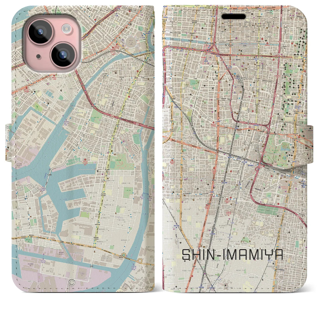 【新今宮】地図柄iPhoneケース（手帳両面タイプ・ナチュラル）iPhone 15 Plus 用