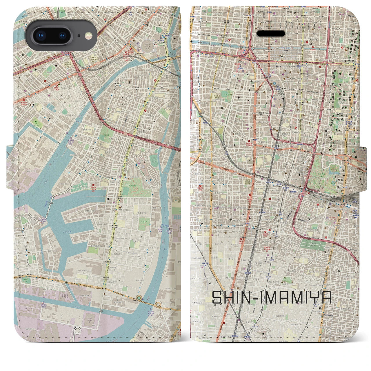 【新今宮】地図柄iPhoneケース（手帳両面タイプ・ナチュラル）iPhone 8Plus /7Plus / 6sPlus / 6Plus 用