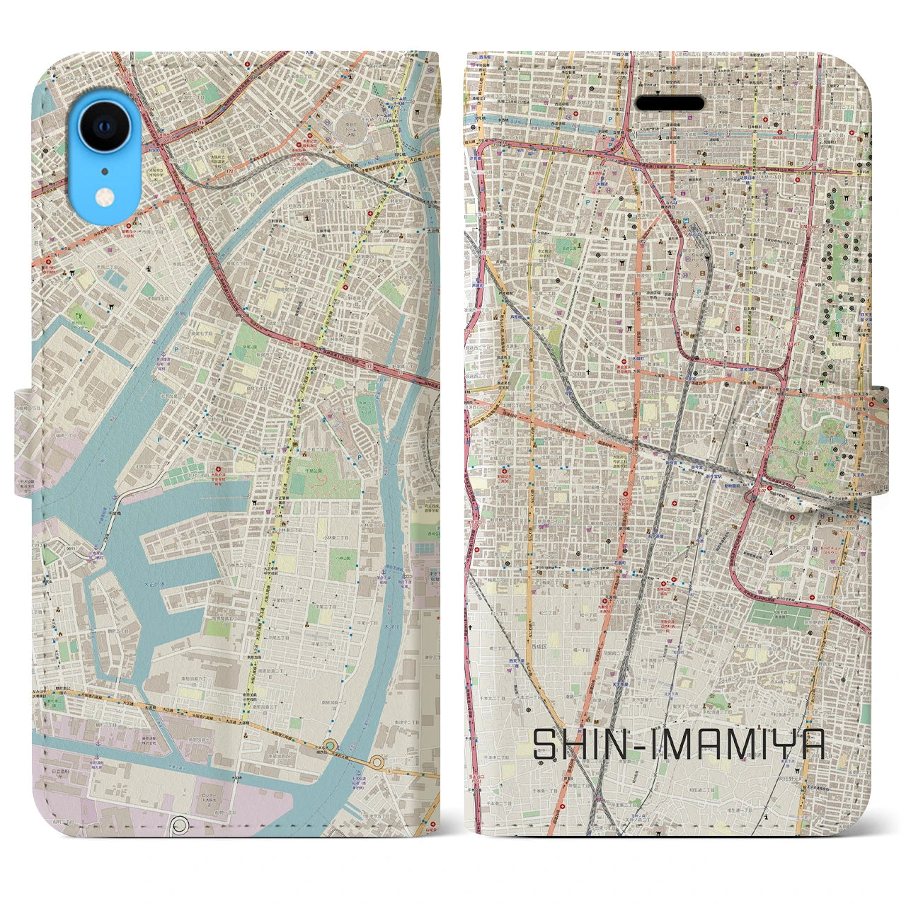 【新今宮】地図柄iPhoneケース（手帳両面タイプ・ナチュラル）iPhone XR 用