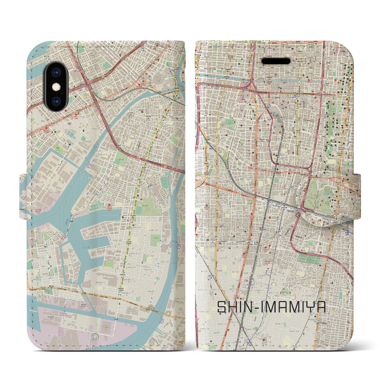 【新今宮】地図柄iPhoneケース（手帳両面タイプ・ナチュラル）iPhone XS / X 用