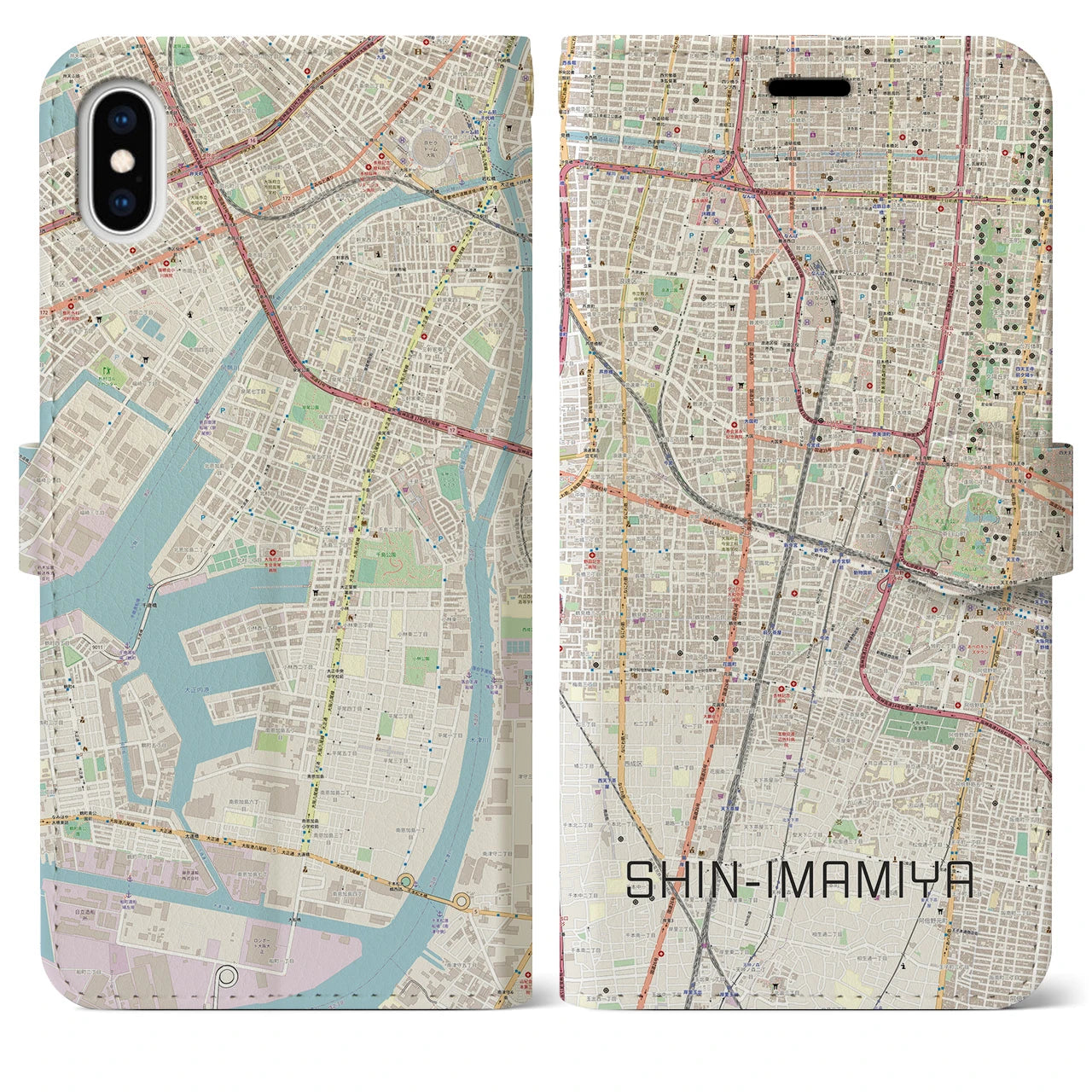 【新今宮】地図柄iPhoneケース（手帳両面タイプ・ナチュラル）iPhone XS Max 用