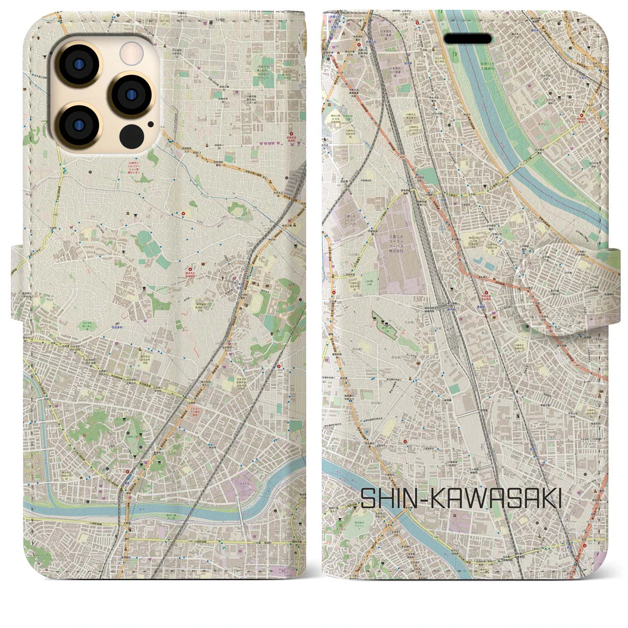 【新川崎】地図柄iPhoneケース（手帳両面タイプ・ナチュラル）iPhone 12 Pro Max 用