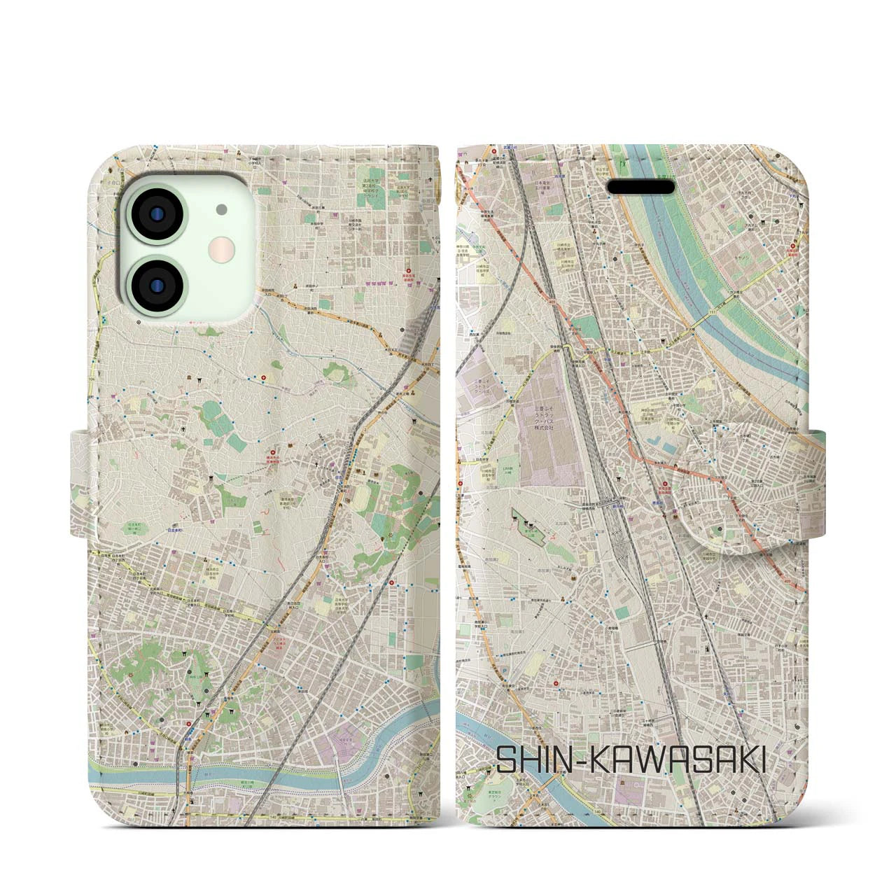 【新川崎】地図柄iPhoneケース（手帳両面タイプ・ナチュラル）iPhone 12 mini 用