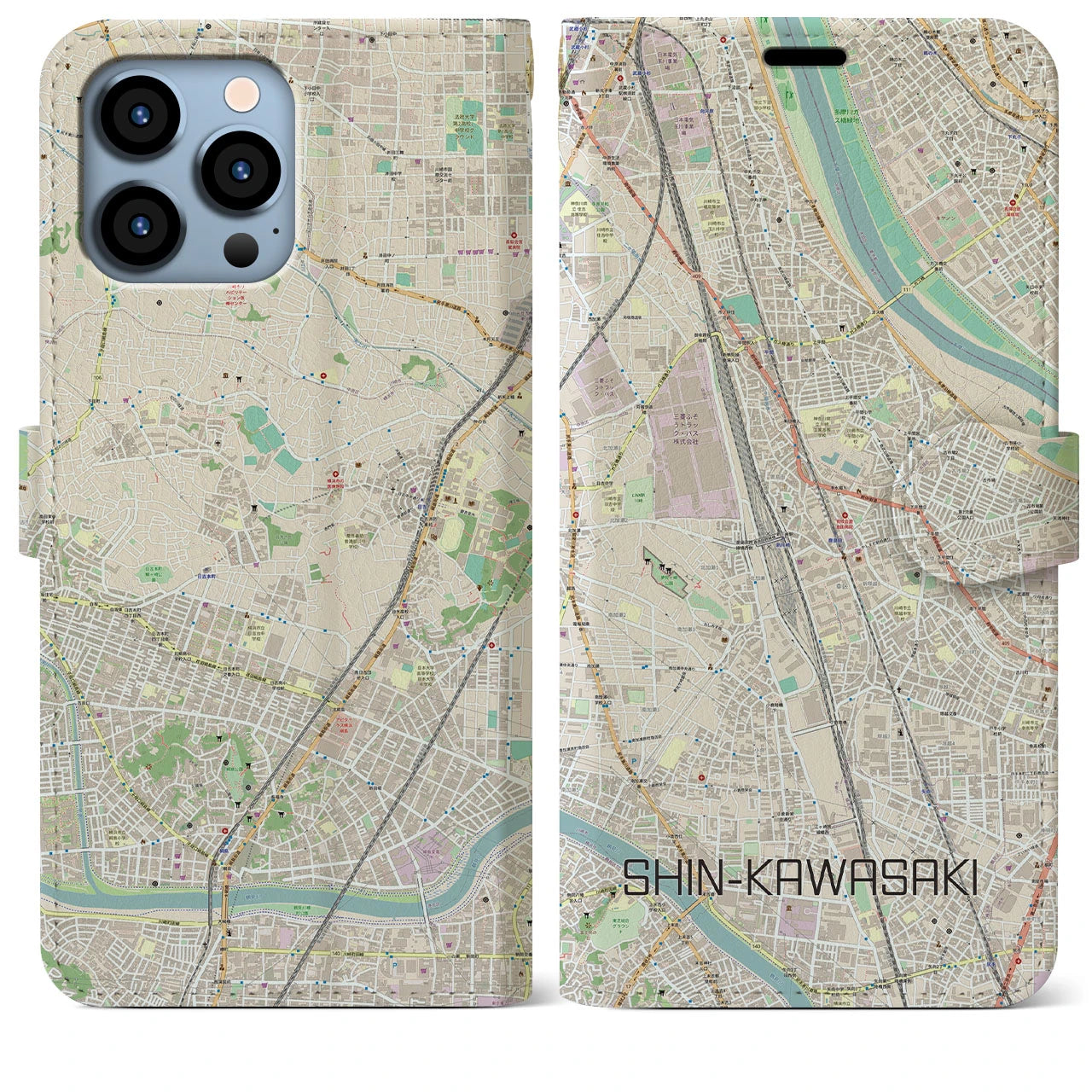 【新川崎】地図柄iPhoneケース（手帳両面タイプ・ナチュラル）iPhone 13 Pro Max 用