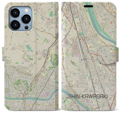 【新川崎】地図柄iPhoneケース（手帳両面タイプ・ナチュラル）iPhone 13 Pro Max 用