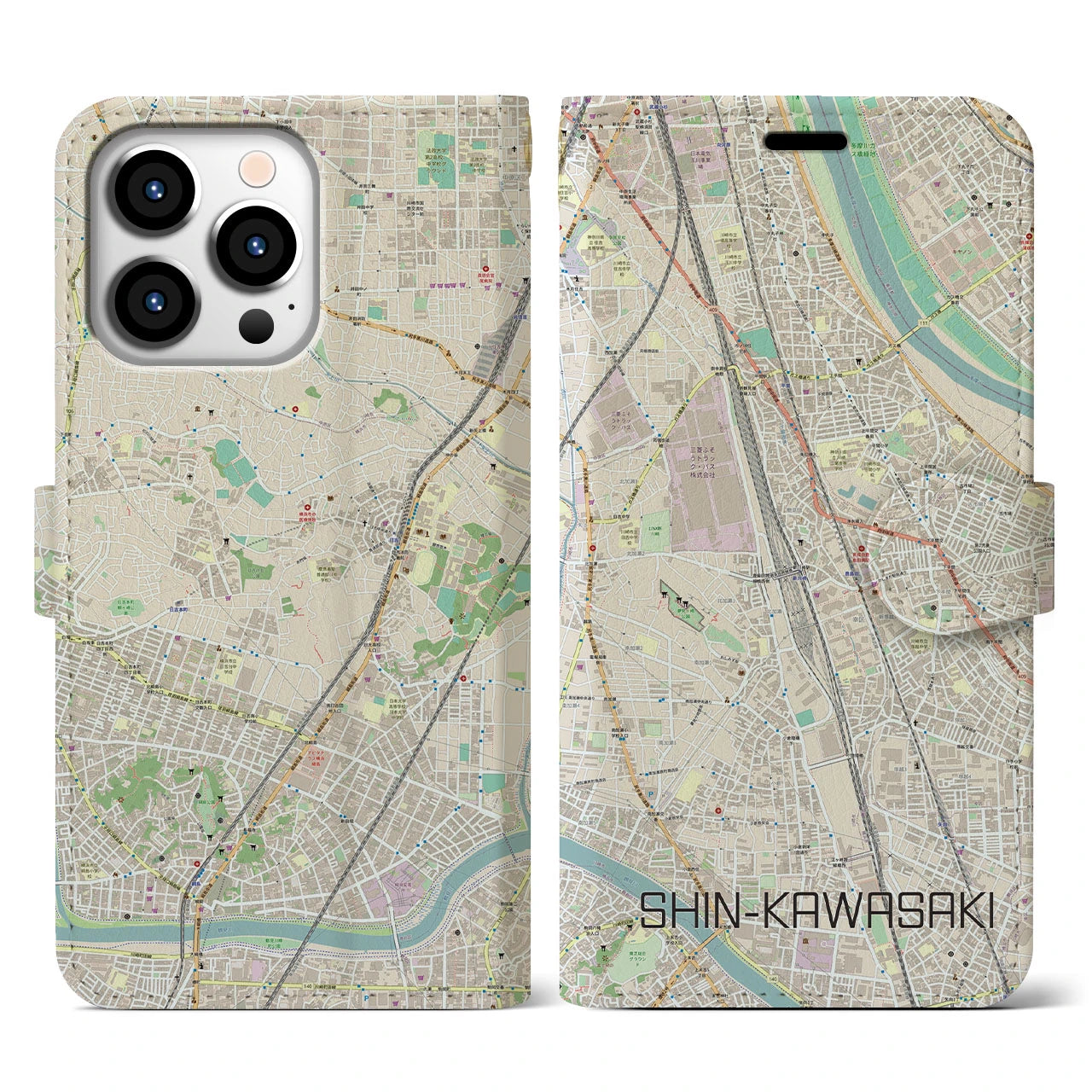 【新川崎】地図柄iPhoneケース（手帳両面タイプ・ナチュラル）iPhone 13 Pro 用