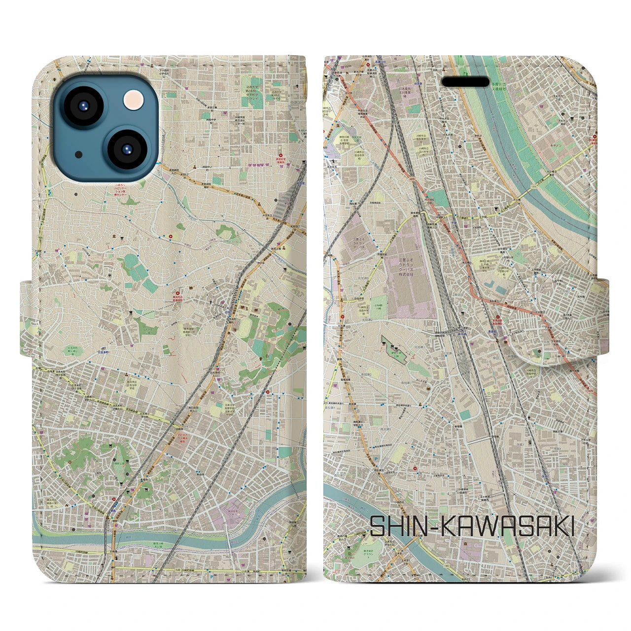 【新川崎】地図柄iPhoneケース（手帳両面タイプ・ナチュラル）iPhone 13 用