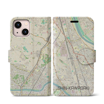 【新川崎】地図柄iPhoneケース（手帳両面タイプ・ナチュラル）iPhone 13 mini 用