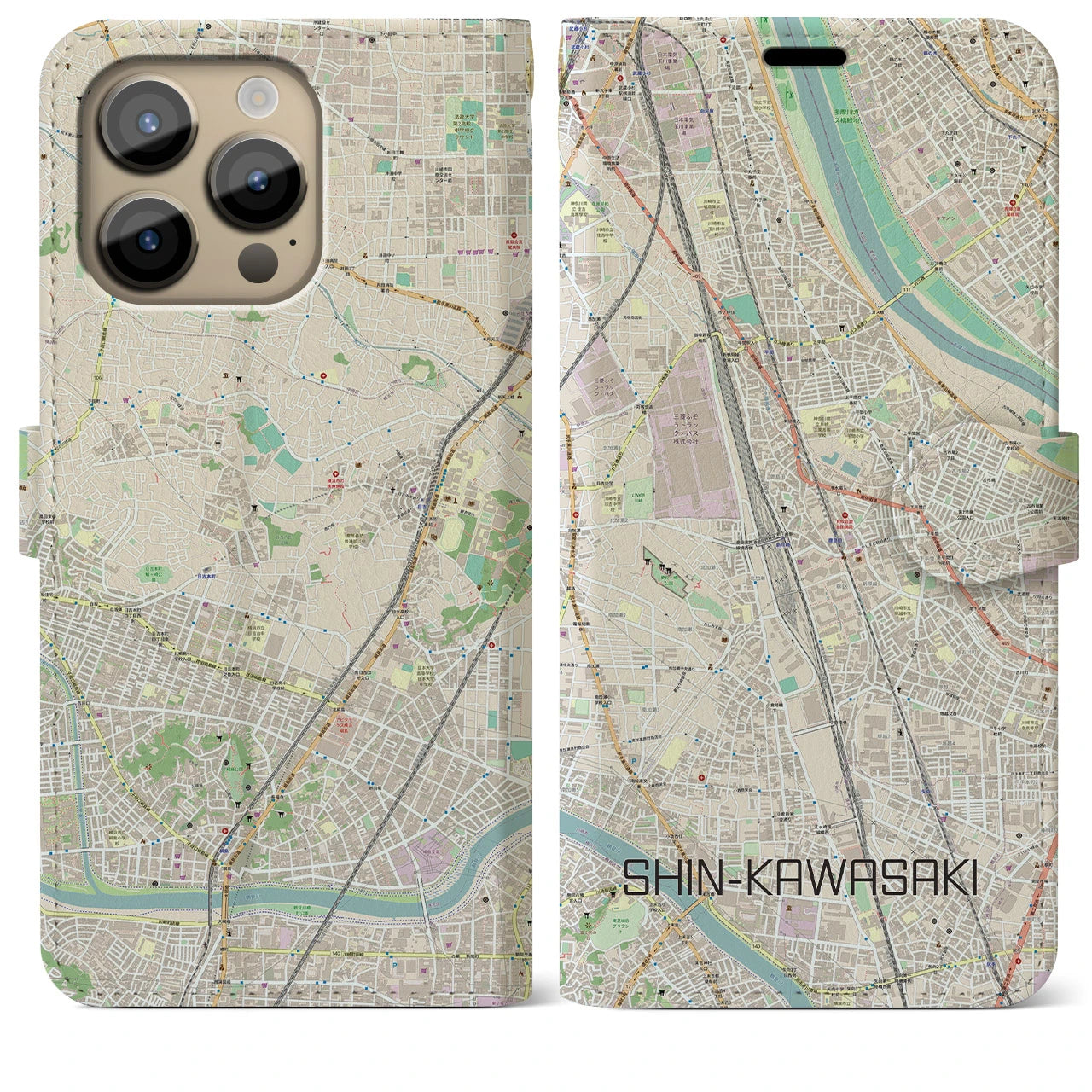 【新川崎】地図柄iPhoneケース（手帳両面タイプ・ナチュラル）iPhone 14 Pro Max 用