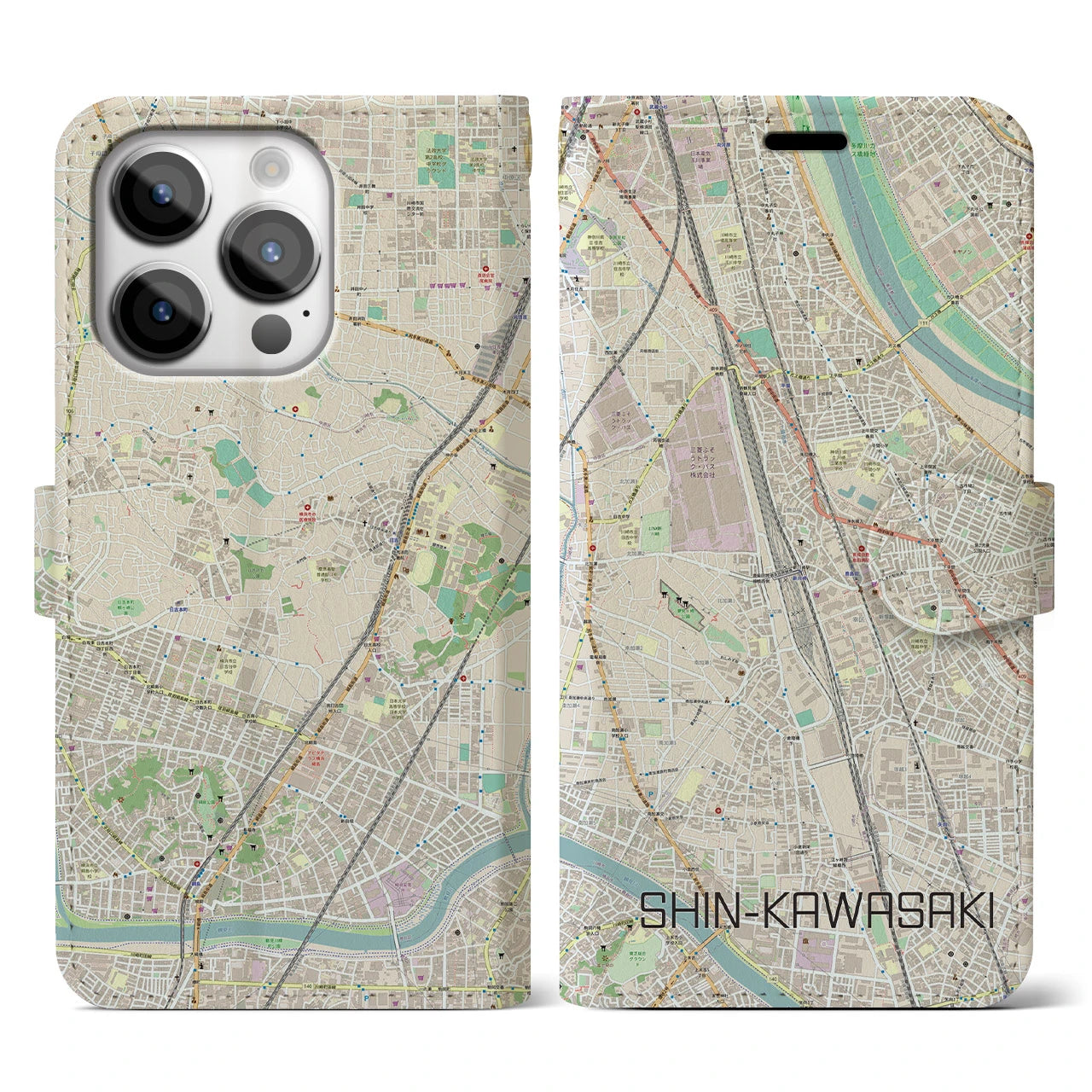 【新川崎】地図柄iPhoneケース（手帳両面タイプ・ナチュラル）iPhone 14 Pro 用