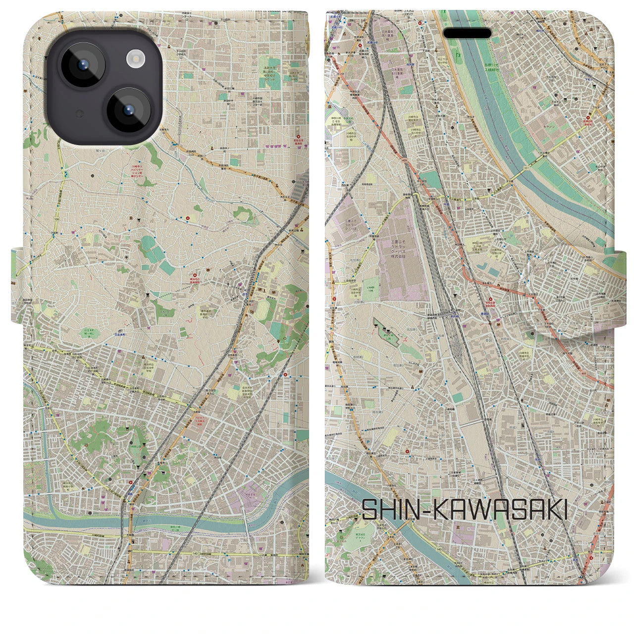 【新川崎】地図柄iPhoneケース（手帳両面タイプ・ナチュラル）iPhone 14 Plus 用