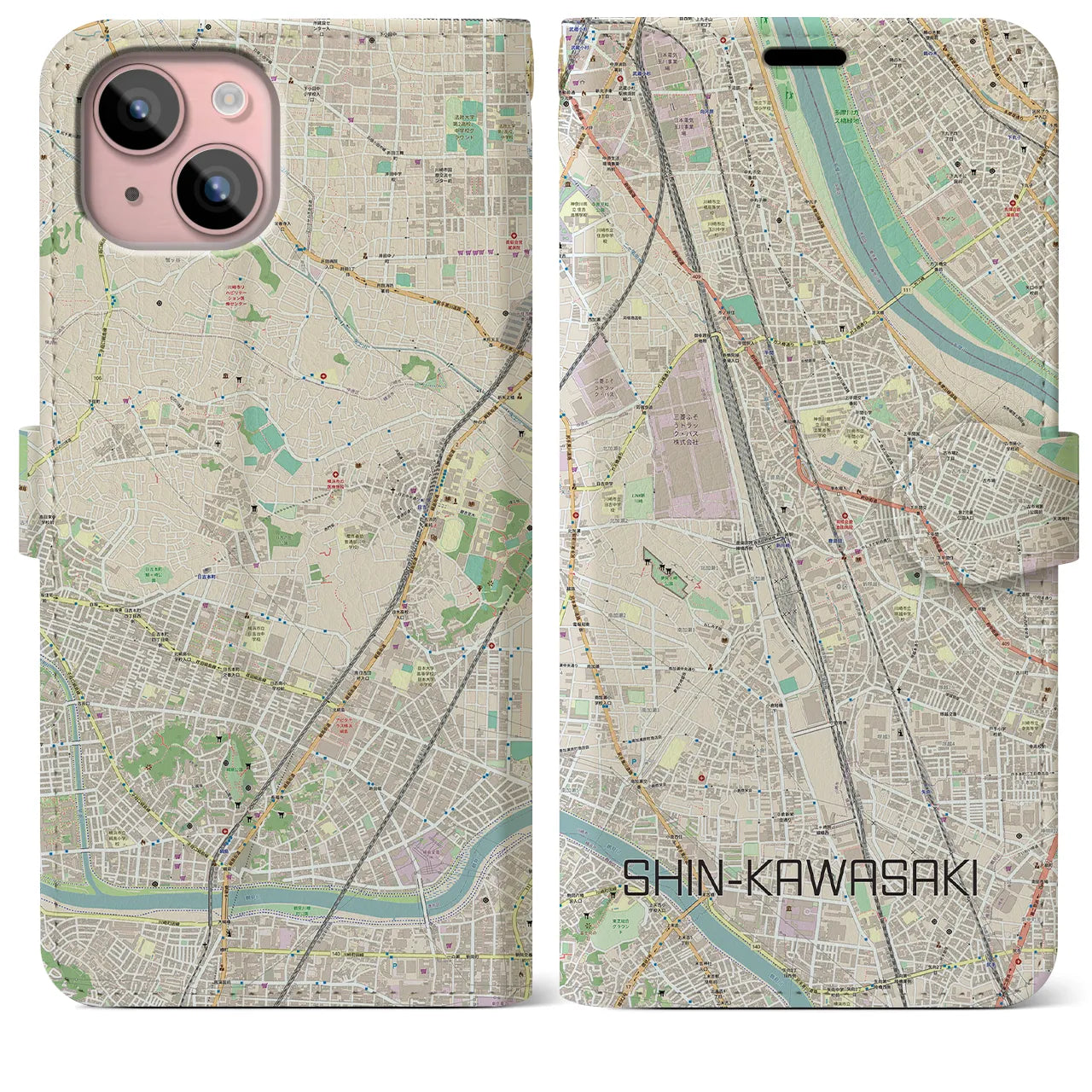 【新川崎】地図柄iPhoneケース（手帳両面タイプ・ナチュラル）iPhone 15 Plus 用