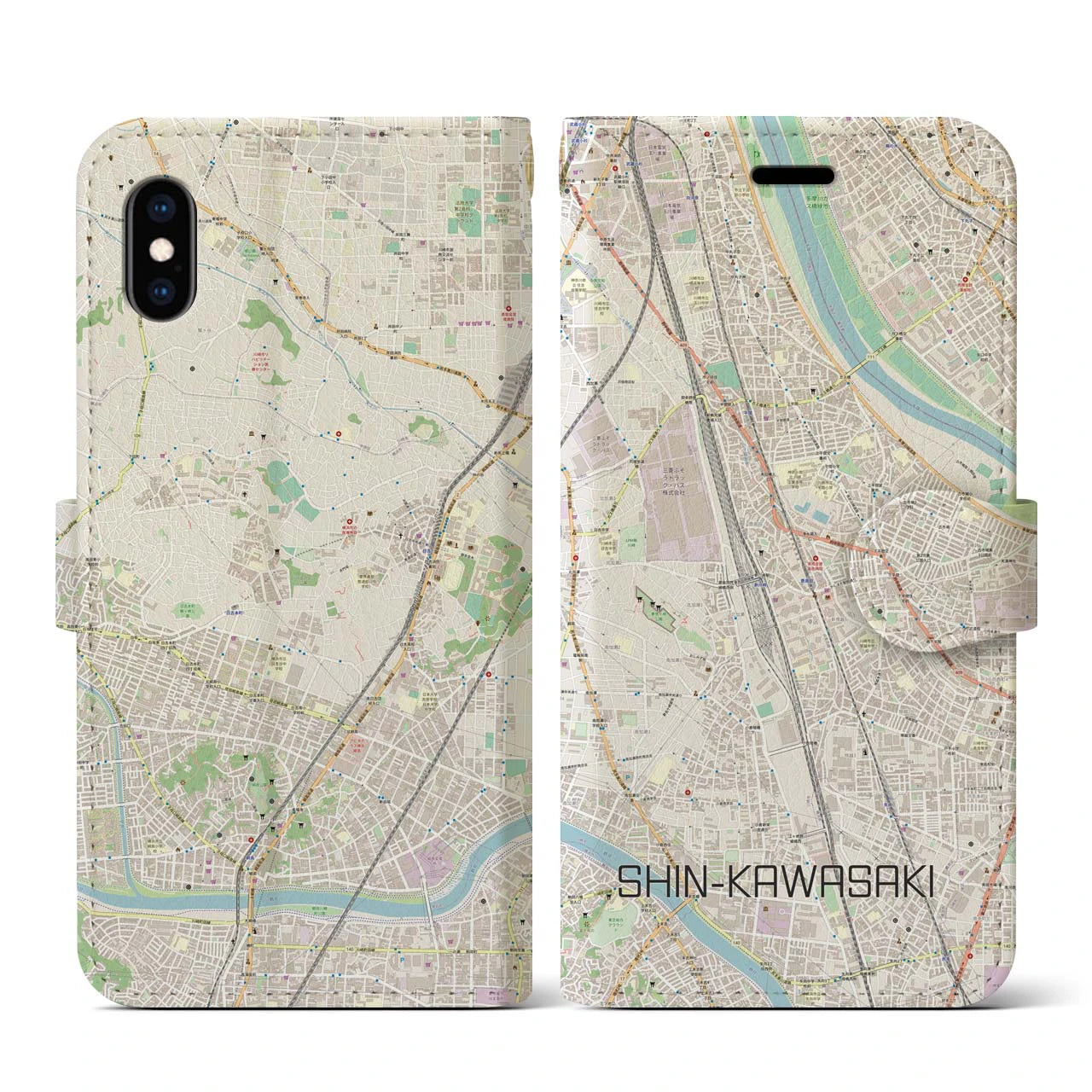 【新川崎】地図柄iPhoneケース（手帳両面タイプ・ナチュラル）iPhone XS / X 用