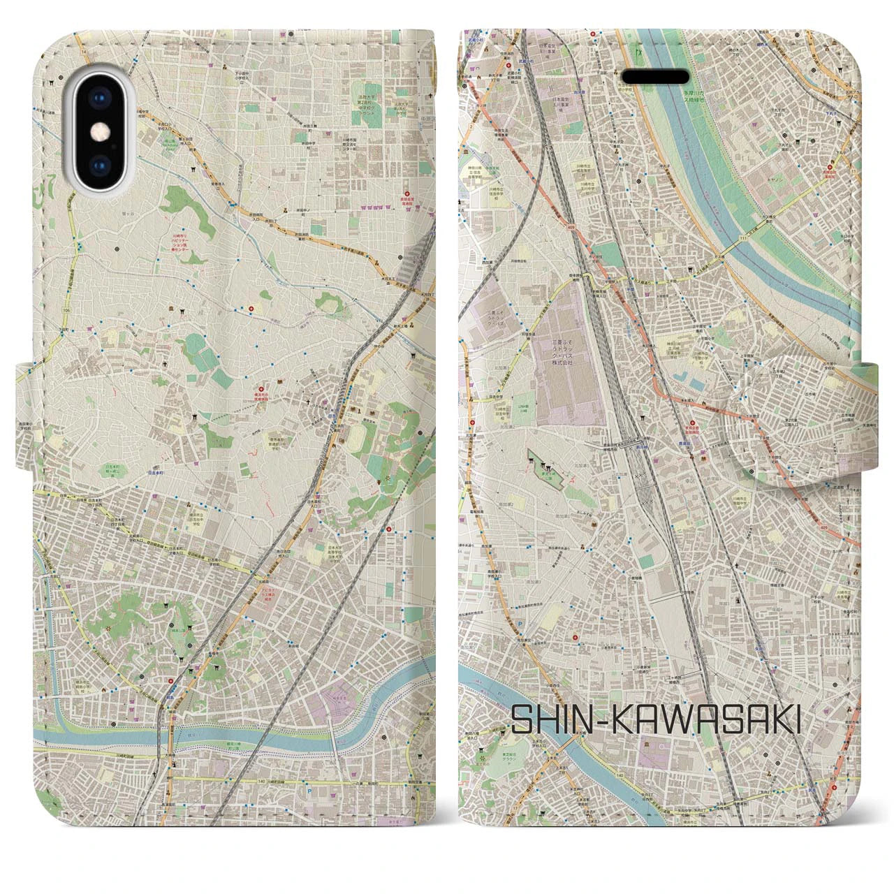 【新川崎】地図柄iPhoneケース（手帳両面タイプ・ナチュラル）iPhone XS Max 用