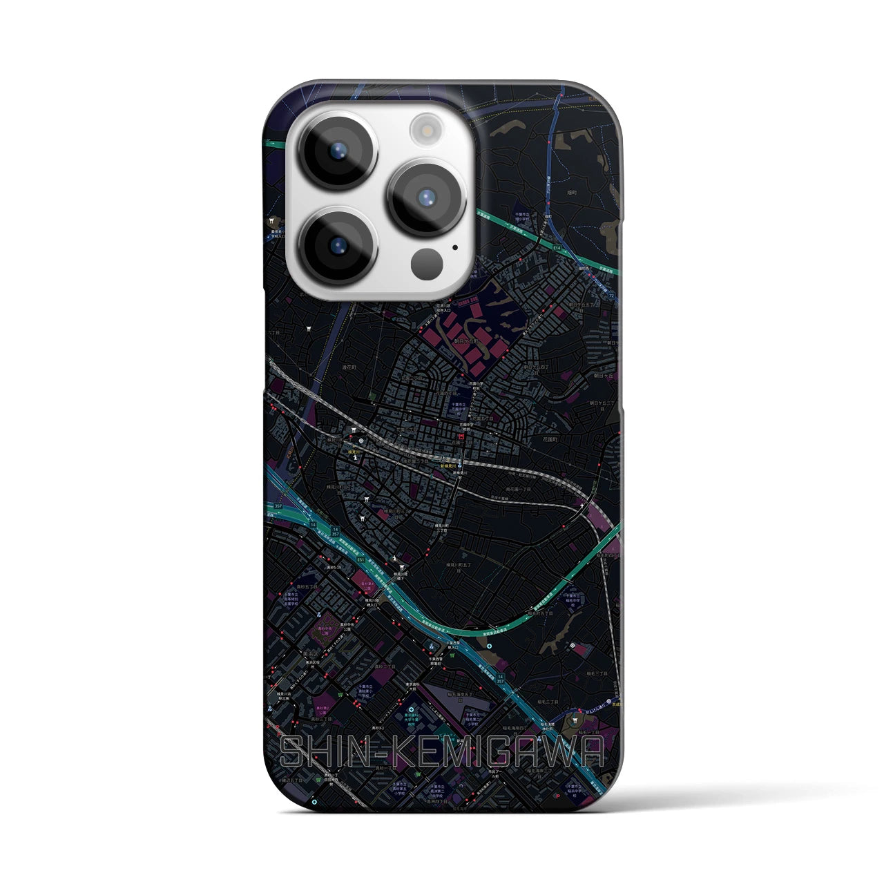 【新検見川】地図柄iPhoneケース（バックカバータイプ・ブラック）iPhone 14 Pro 用