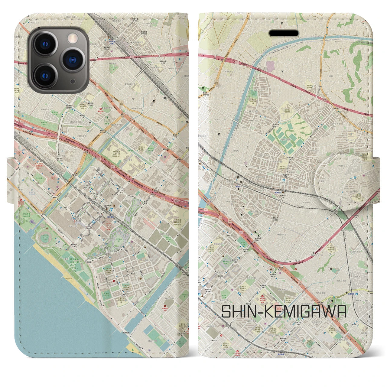 【新検見川】地図柄iPhoneケース（手帳両面タイプ・ナチュラル）iPhone 11 Pro Max 用