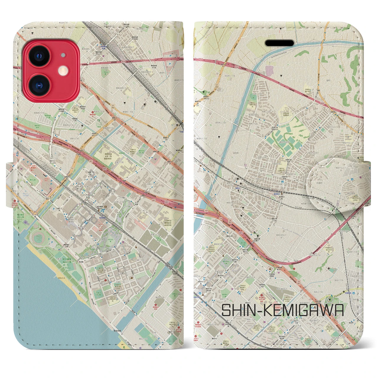 【新検見川】地図柄iPhoneケース（手帳両面タイプ・ナチュラル）iPhone 11 用