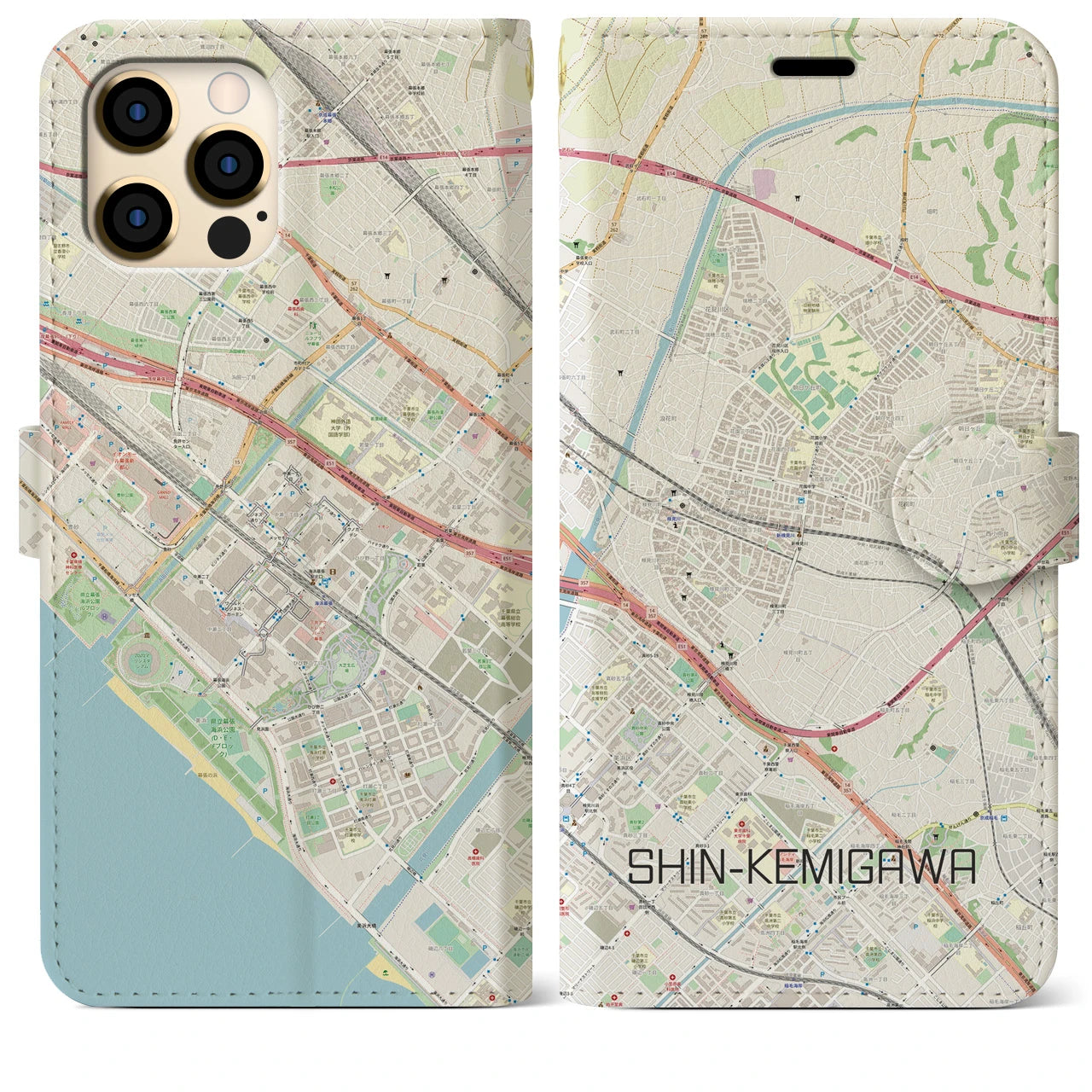 【新検見川】地図柄iPhoneケース（手帳両面タイプ・ナチュラル）iPhone 12 Pro Max 用