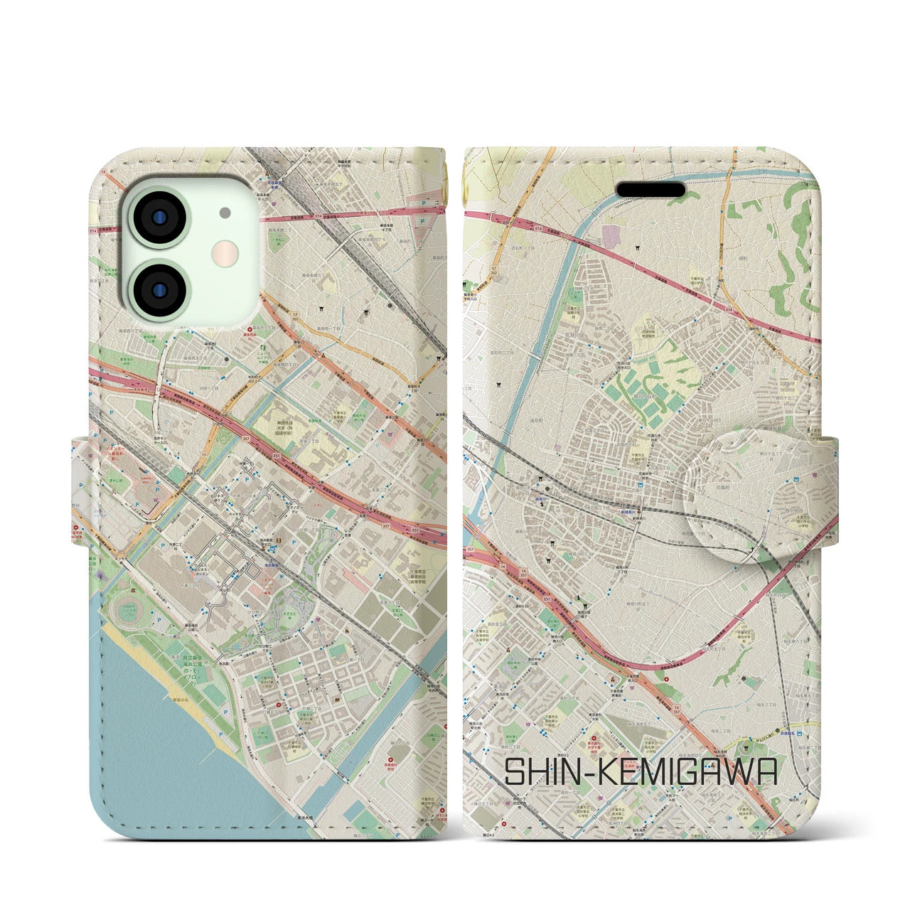 【新検見川】地図柄iPhoneケース（手帳両面タイプ・ナチュラル）iPhone 12 mini 用