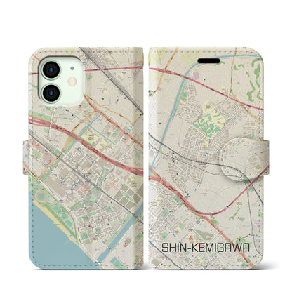 【新検見川（千葉県）】地図柄iPhoneケース（手帳タイプ）ナチュラル・iPhone 12 mini 用