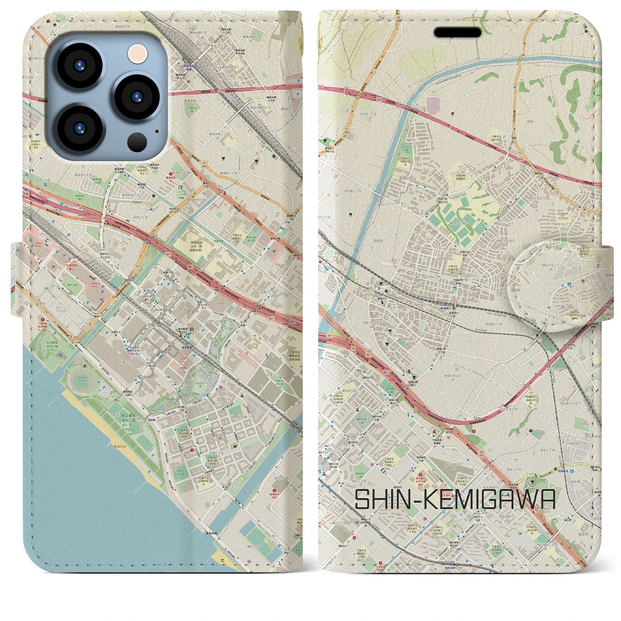 【新検見川】地図柄iPhoneケース（手帳両面タイプ・ナチュラル）iPhone 13 Pro Max 用