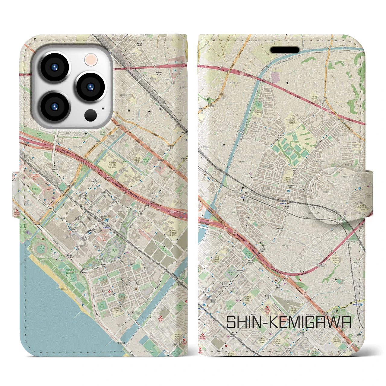 【新検見川】地図柄iPhoneケース（手帳両面タイプ・ナチュラル）iPhone 13 Pro 用