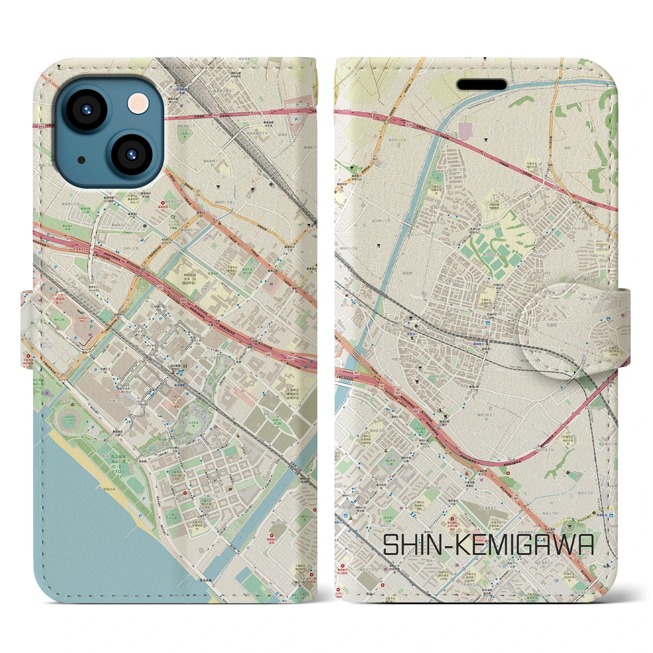 【新検見川】地図柄iPhoneケース（手帳両面タイプ・ナチュラル）iPhone 13 用