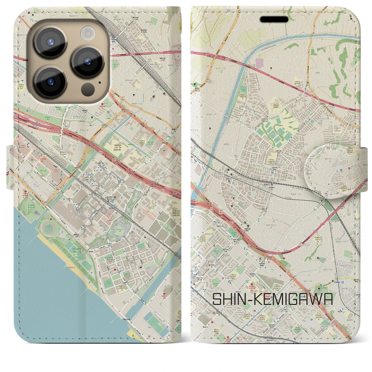 【新検見川】地図柄iPhoneケース（手帳両面タイプ・ナチュラル）iPhone 14 Pro Max 用