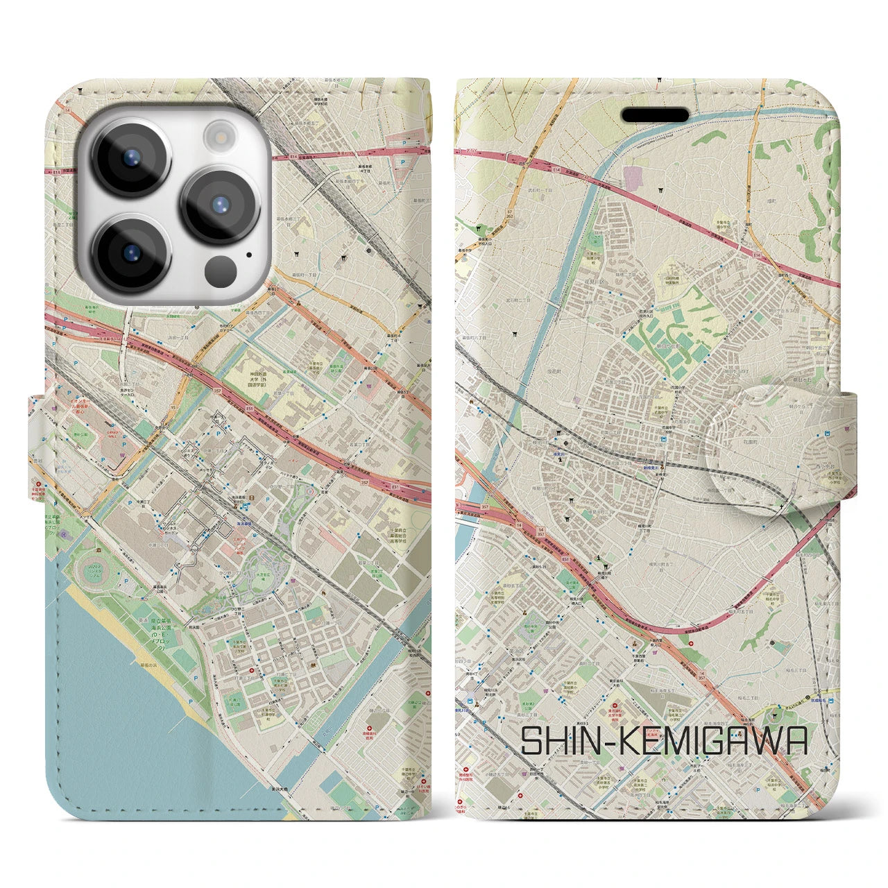 【新検見川】地図柄iPhoneケース（手帳両面タイプ・ナチュラル）iPhone 14 Pro 用