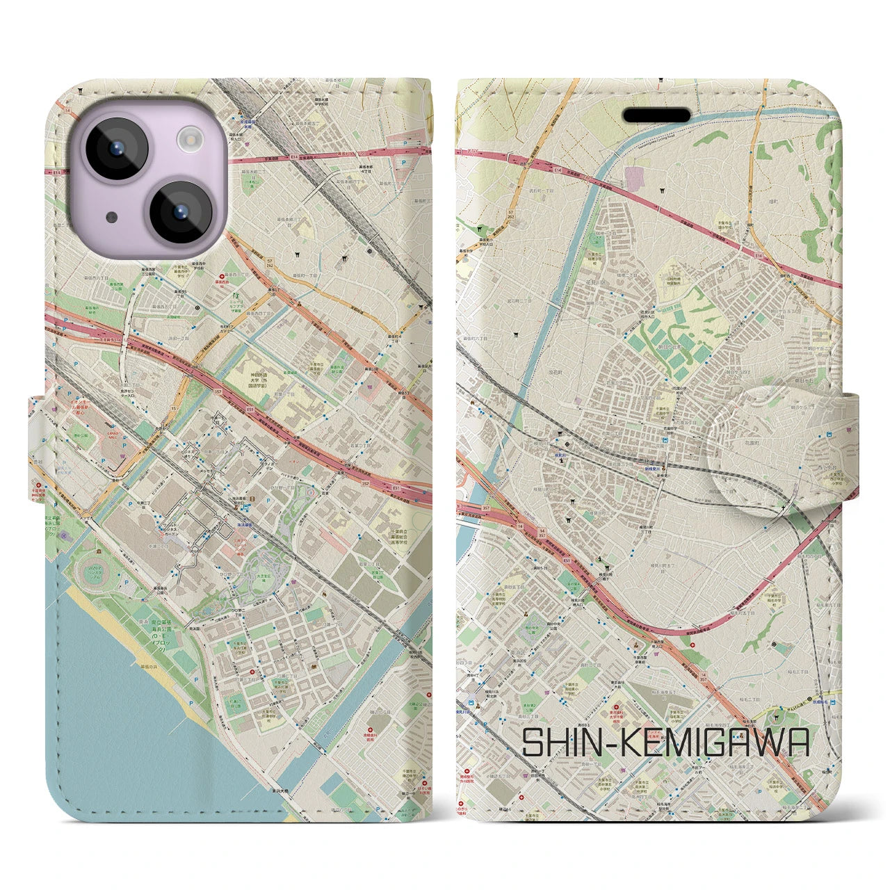 【新検見川】地図柄iPhoneケース（手帳両面タイプ・ナチュラル）iPhone 14 用