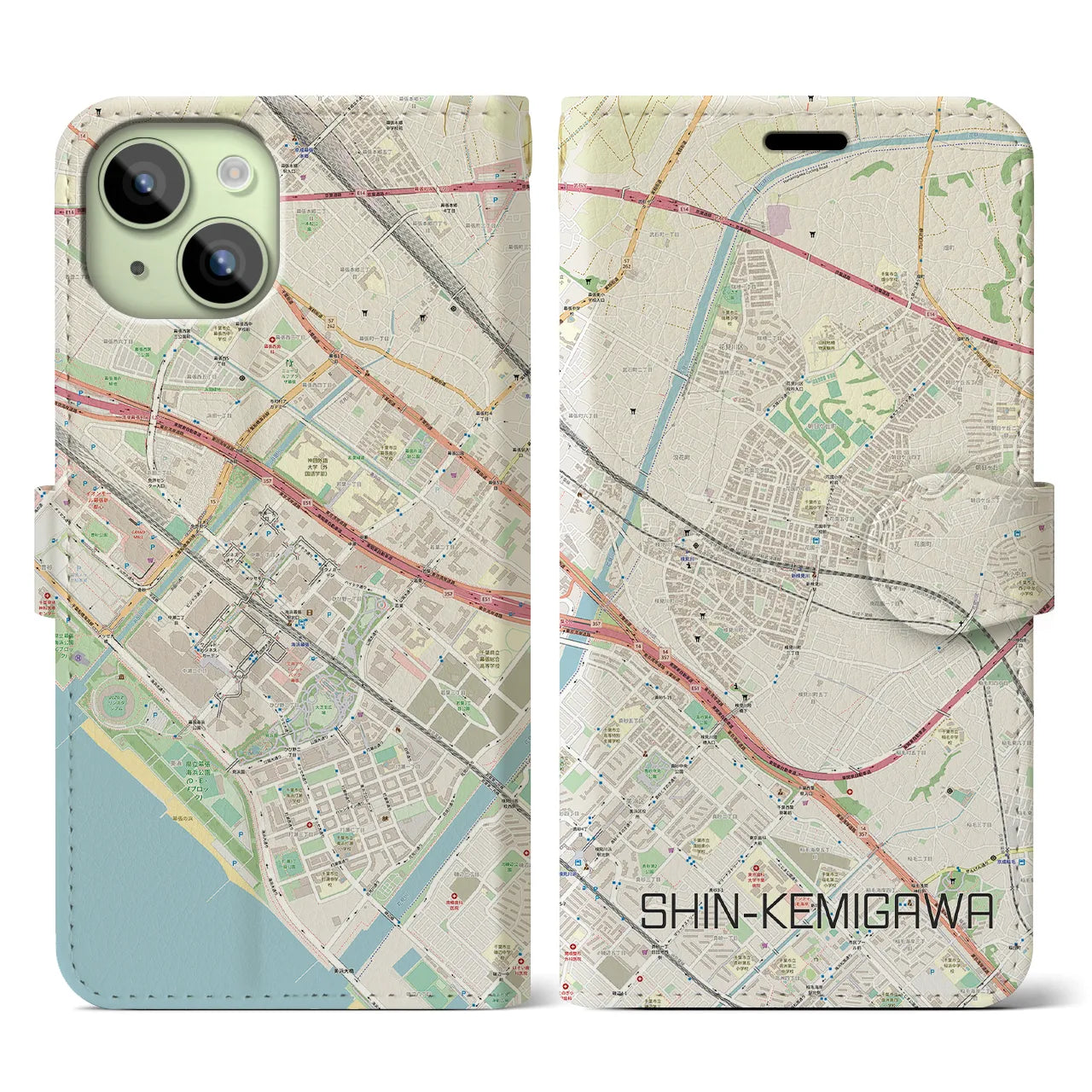 【新検見川】地図柄iPhoneケース（手帳両面タイプ・ナチュラル）iPhone 15 用