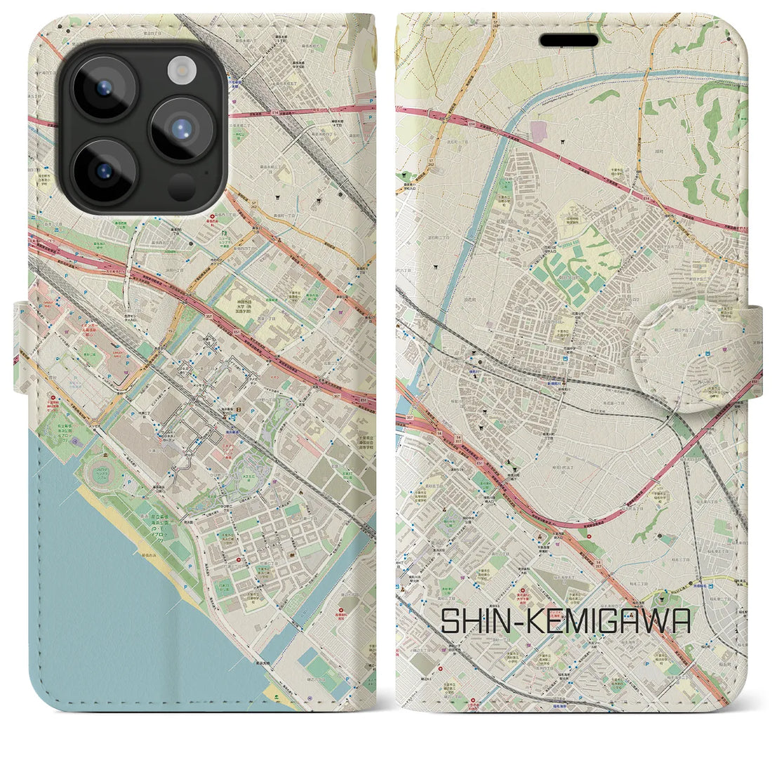 【新検見川】地図柄iPhoneケース（手帳両面タイプ・ナチュラル）iPhone 15 Pro Max 用