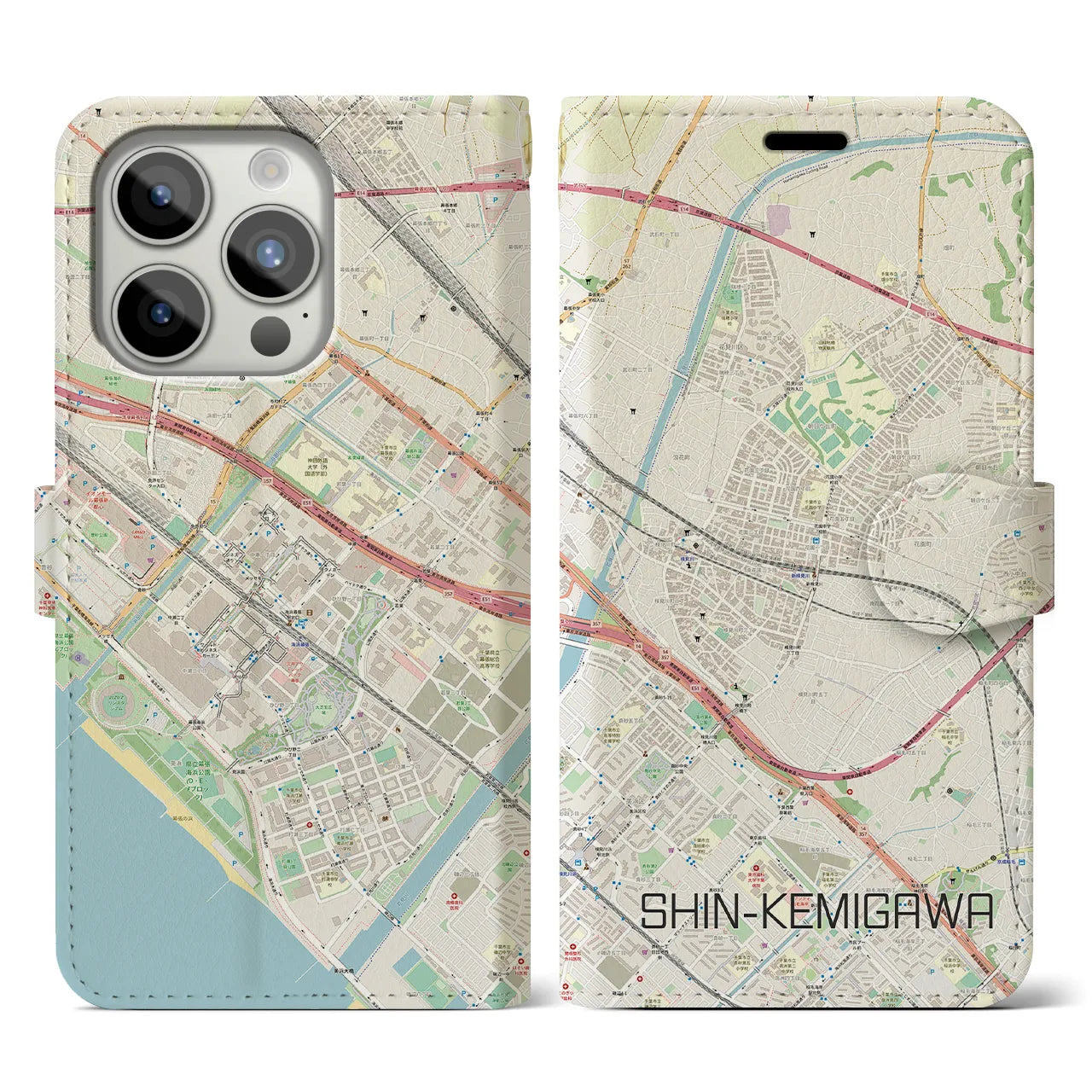 【新検見川】地図柄iPhoneケース（手帳両面タイプ・ナチュラル）iPhone 15 Pro 用